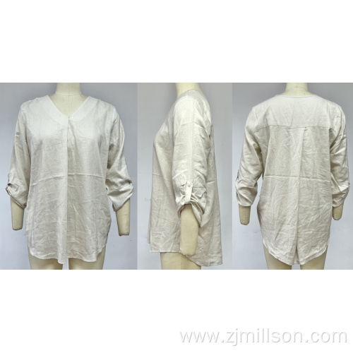 Linen Blend Mid-Long Sleeve Blouse